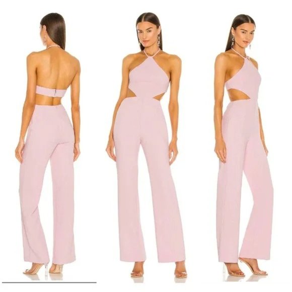 NWT NBD Ronan Jumpsuit Rose Pink Halter Triangle Cut Out Wide Leg Revolve Sz XS - Picture 1 of 14